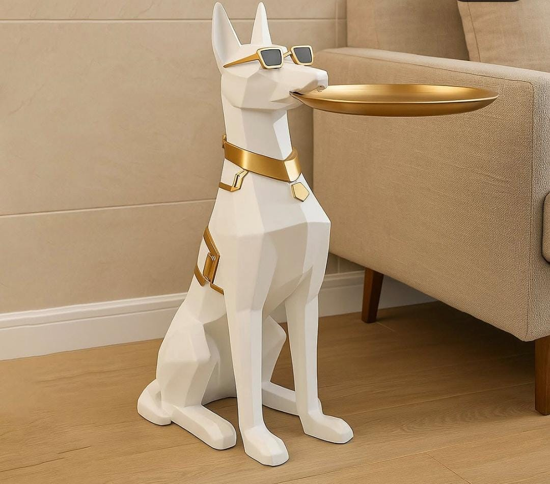 COCKTAIL Doberman Butler Sculpture with Metal Serving Tray for Multipurpose Use Candy Keys Holder Showpiece Decorative